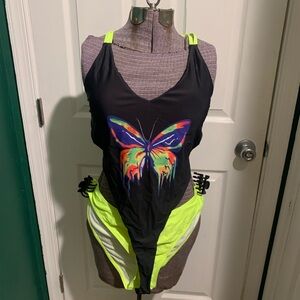Black Bodysuit with Neon Butterfly Design